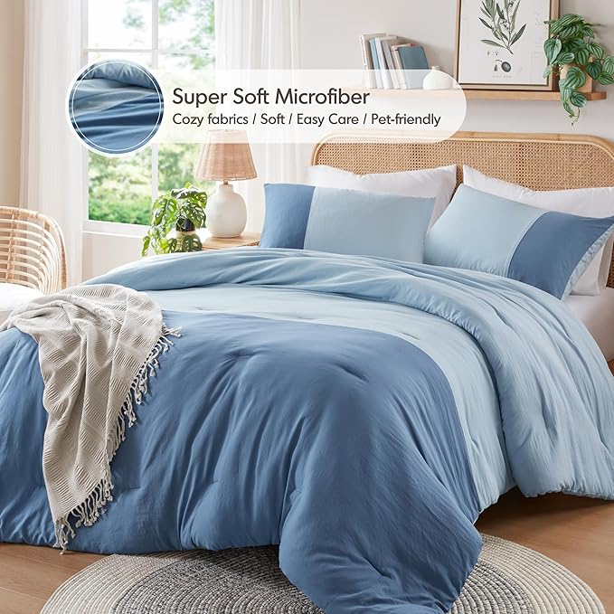 Blue Comforter King Size - Modern Farmhouse Soft Comforter Sets for Men, Masculine Colorblock Pattern Bed Sets for All Season, 3 Pieces includes 1 Comforter, 2 Shams (104"x 90")