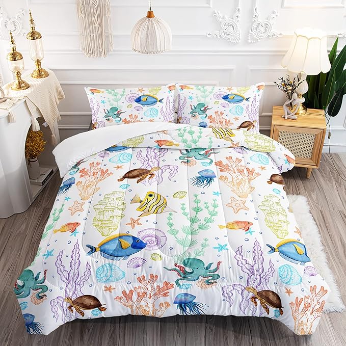 Turtle Comforter Set Twin Ocean Watercolor Sea Turtle Bedding Set Tropical Fish Marine Life Bed Set with 2 Pillowcases for Kids Room Decor