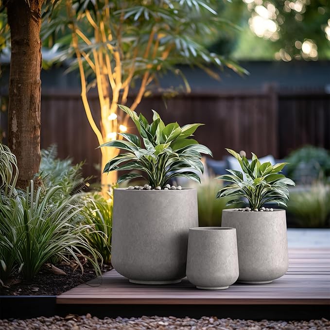 Kante 15.3"+11.6"+8.2" Dia Round Concrete Planter, Large Outdoor Indoor Planter Pots Containers with Drainage Holes and Rubber Plug for Home Garden Patio, Light Gray