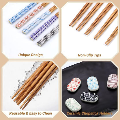 Antner 5 Pairs Reusable Bamboo Chopsticks and 5PCS Ceramic Rests Set, 8.8 Inch Classic Japanese Style Chopsticks with Holders for Sushi Ramen Asian Cuisine, Non-Slip, Black Elegant Gift Box