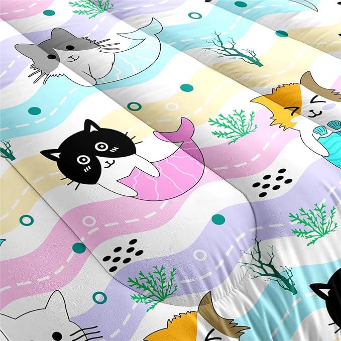 Girls Cat Bedding Set Queen Size - 3Pcs Cute Cartoon Mermaid Tail Cat Patterns Comforter Set for Girls Boys Kids Bedroom Cat Bedding Room Decor for All Season, 1 Comforter 2 Pillow Cases