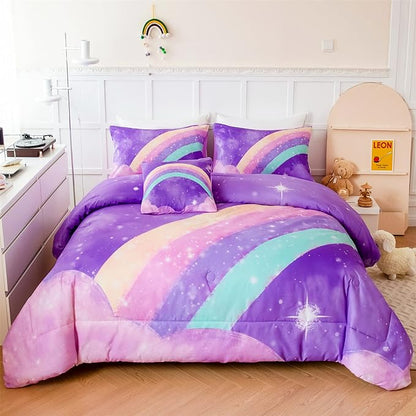 6 Pcs Kids Comforter Set Queen Size for Girls, 3D Colorful Rainbow Galaxy Bed in A Bag, Gradient Purple Glitter Bedding Comforter Collection for All Season