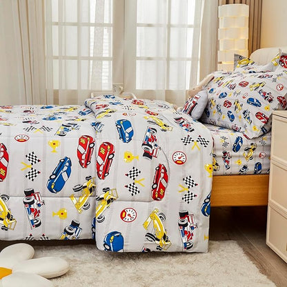 Mooreeke Full Size Comforter Sets for Boys Kids, 8 Pieces Bed in a Bag Racing Car Bedding Comforter Sheet Set with Shams and Decorative Toy Pillow, Ultral Soft Microfiber Kids Bed Set
