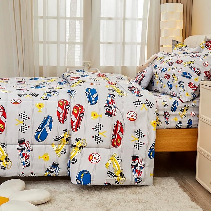 Mooreeke Queen Size Comforter Sets for Boys Kids, 8 Pieces Bed in a Bag Racing Car Bedding Comforter Sheet Set with Shams and Decorative Toy Pillow, Ultral Soft Microfiber Kids Bed Set
