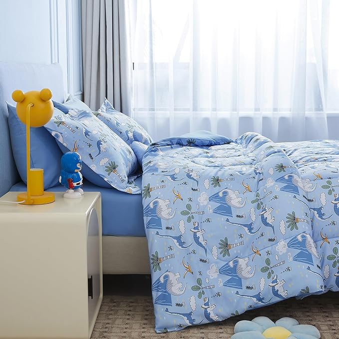 Mooreeke Kids Comforter Bed Set Full Size for Boys, 8 Pieces Bed in a Bag with Shams, Sheet Set and 1 Decorative Toy Throw Pillow, Dinosaur Blue Super Full Soft Microfiber Kids Comforter Bedding Set