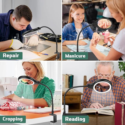 NZQXJXZ Large 2-in-1 Magnifying Glass with 72 LEDs Light and Stand 20X 10X Magnifying Lamp with Large Base and Clamp, 3 Color Modes and 10 Stepless Dimmable, Hands Free Desk Magnifier for Close Work