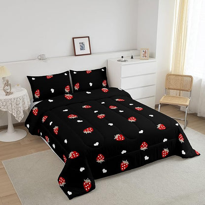Kawaii Bedding Strawberry Comforter Set Twin Size Strawberry Decor Down Comforter Red Strawberry Bedding Set Cute Fruits Theme Sweet Strawberry Quilt Set Soft Reversible With 1 Pillowcase, Red Black