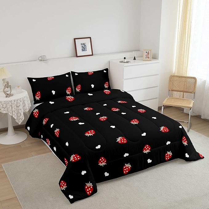 Red Strawberry Bedding Set Full Size, Soft Kawaii Strawberry Comforter Set For Kids Girls Boys Bedroom Decor, Cute Fruits Theme Sweet Strawberry Down Comforter Lightweight Reversible Duvet Set, Black