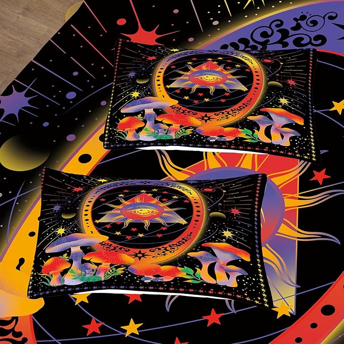 Tailor Shop Celestial Bedding Queen Size,Sun and Moon Bedding for Boys Girls Kids Teens, Mushroom Comforter Gothic Comforter Witchy Comforter Boho Exotic Black Bed with 2 Pillowcases