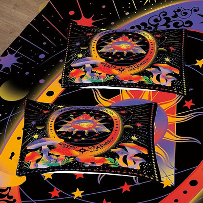 Tailor Shop Celestial Bedding Queen Size,Sun and Moon Bedding for Boys Girls Kids Teens, Mushroom Comforter Gothic Comforter Witchy Comforter Boho Exotic Black Bed with 2 Pillowcases