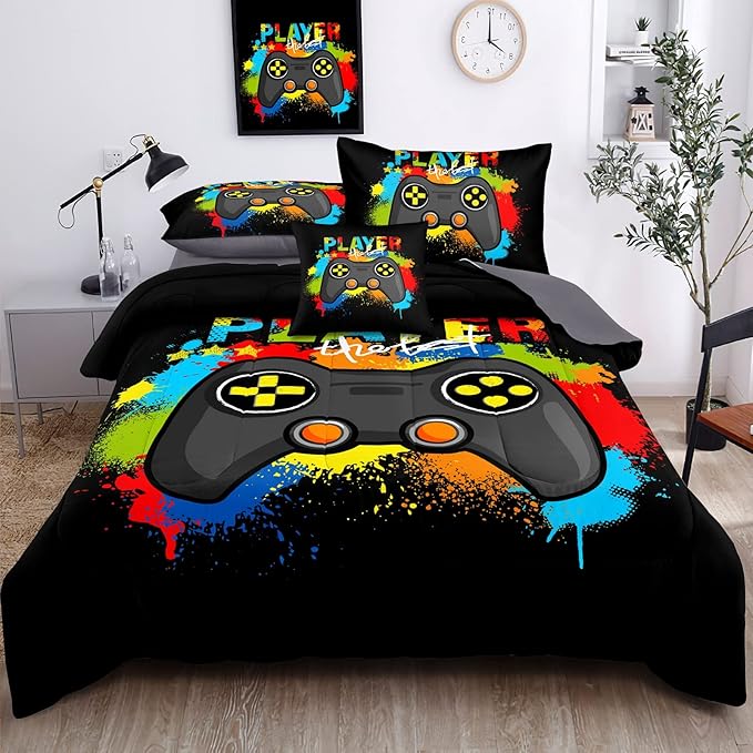 Kids Gaming Bedding Sets, 5 Piece Gamer Comforter Sets for Teens Boys Twin Size for Bedroom Comforter Set Adult 3D Gamepad Microfiber Bedding Sets Fits All Season Bedding Comforter Sets
