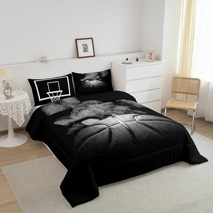 Erosebridal Basketball Comforter Set for Boys Teen Queen Size Sports Basketball Bedding Set Basketball Room Decor Reversible Black Down Comforter Grey Hippie Smoke Quilt Duvet Insert 2 Pillow Case