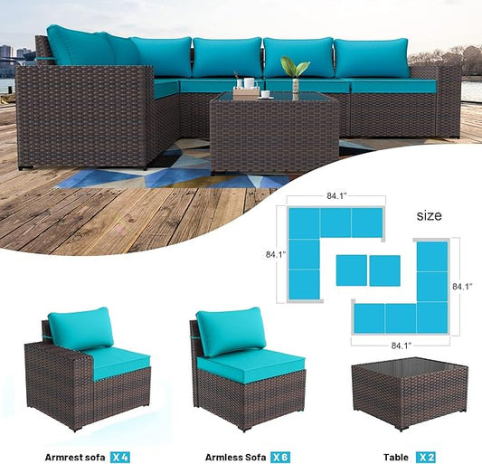 Kullavik 12PCS Outdoor Patio Furniture Set PE Wicker Rattan Sectional Sofa Patio Conversation Sets,Blue
