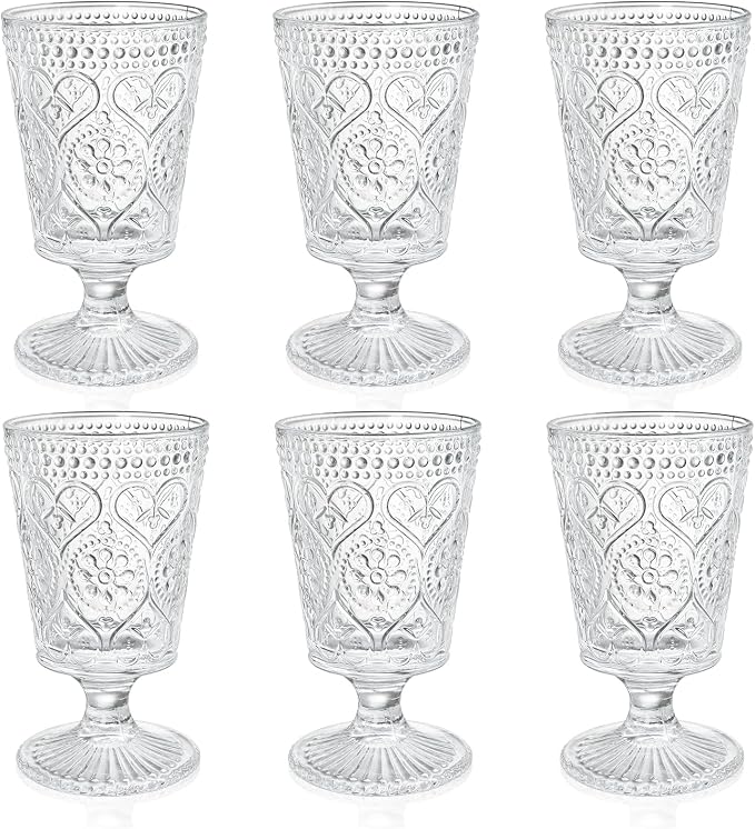 ZAVOOS Set of 6 Clear Glass Goblet, 12 Oz Vintage Romantic Wine Glasses | Embossed Floral Glass Cups Set, Bar Tumbler Drinking Glassware for Iced Tea, Wine, Beer, Juice, Cocktail, Whiskey