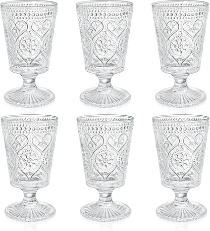 ZAVOOS Set of 6 Clear Glass Goblet, 12 Oz Vintage Romantic Wine Glasses | Embossed Floral Glass Cups Set, Bar Tumbler Drinking Glassware for Iced Tea, Wine, Beer, Juice, Cocktail, Whiskey