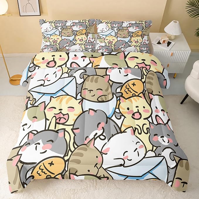 Kawaii Cat Comforter Full Size,Cute Cat Comforter Set for Kids Teens Girls,3Pcs Bedding Set Printed Comforter with 2 Pillowcases,Down Alternative,Soft and Lightweight，Full Size