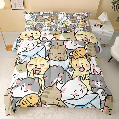 Kawaii Cat Comforter Queen Size,Cute Cat Comforter Set for Kids Teens Girls,3Pcs Bedding Set Printed Comforter with 2 Pillowcases,Down Alternative,Soft and Lightweight，Queen Size