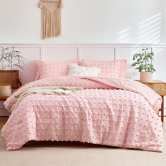 6 Pieces Tufted Dots Bed in a Bag Twin Comforter Set Girls Pink , Soft and Embroidery Shabby Chic Boho Bohemian Comforters, Luxury Solid Color with Pom Pom Design, Jacquard Tufts Bedding Set for Kids