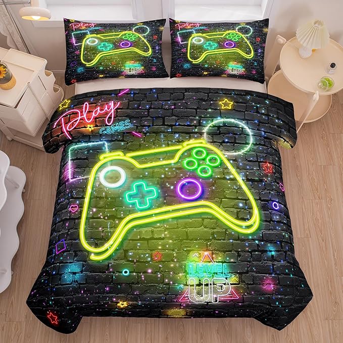 NINENINE Gamer Bedding Sets Twin Comforter Sets for Boys 5PCS,Twin Bedding Sets for Boys,Kids Comforter Sets Boys(1Comforter, 1Flat Sheet, 1Fitted Sheet, 2Pillowcases)