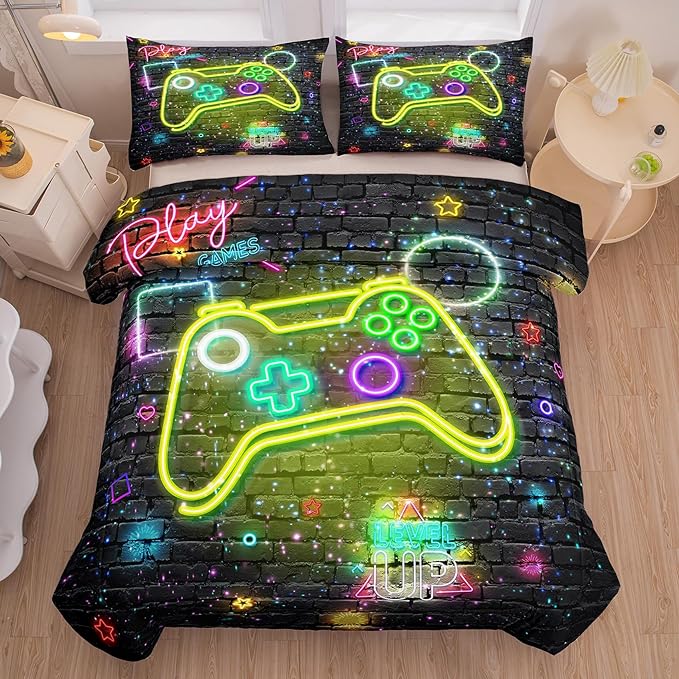 NINENINE Gaming Bedding 5PCS Queen Size Comforter Sets for Boys,Gamer Bedding Sets for Boys,Gampad Black Comforter Sheet Set(1Comforter, 1Flat Sheet, 1Fitted Sheet, 2Pillowcases)…