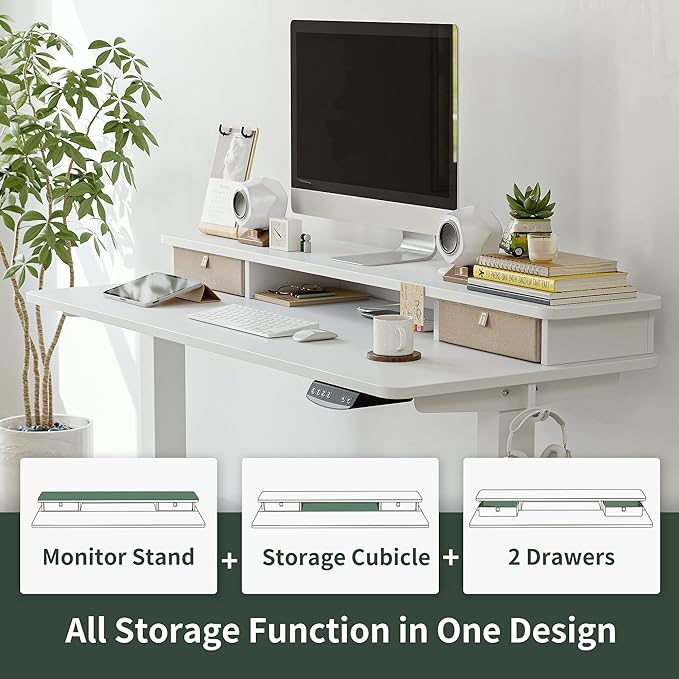 FEZIBO 60 x 24 Inch Height Adjustable Electric Standing Desk with Double Drawer, Stand Up Desk with Storage Shelf, Sit Stand Desk, White