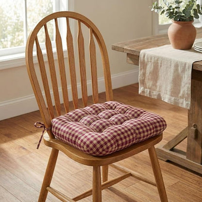 Barnett Home Decor Dining Chair Cushions with Ties, 16.5 x 18 Inches, Pack of 2 – Machine Washable, Made with 100% Cotton and Plush Latex Foam Fill, Made in USA – Farmhouse Check Dark Red