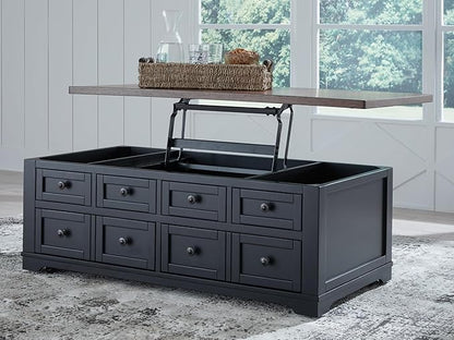 Signature Design by Ashley Wildenauer Farmhouse 2-Drawer Lift-Top Coffee Table with 2 Storage Bins Under Top and Casters, Light Brown & Black