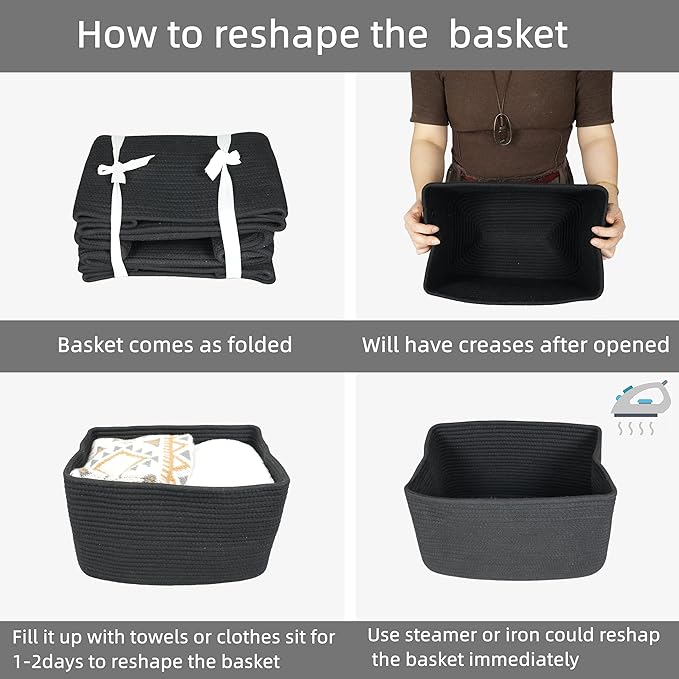 Cotton Rope storage Basket Bins 14.5X9.5X9.3“ Woven Basket for Organizing Shelves Rectangle Decorative Baskets For storage Clothes Toys Books Towels Square Wicker Nursery basket organizer 3 pack black