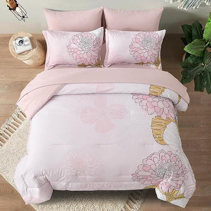 Pink Colorful Comforter Set King Size 7 Piece Floral Bed in a Bag Comforter for All Season Soft Microfiber Bedding Set for Teen Girls Women (103"×90")