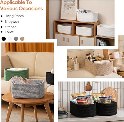 OIAHOMY 4 Pack 14.17*11.02*6.3IN Storage Baskets for Organizing Shelves, Woven Rope Baskets for Organizing Books, Clothes, Decorative Basket for Living Room, Nursery, Bedroom, Gift Basket, White