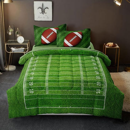 Football Comforter Set Twin Size for Teen Boys, Kids Football Field Bedding Green Themed Bedroom Set with Sheets, Twin Bed in a Bag Set