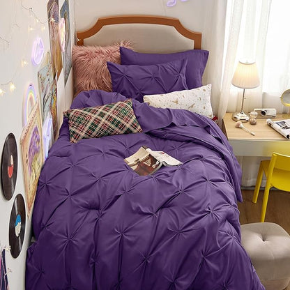 Bedsure Twin Size Comforter Set 5 Pieces - Pintuck Twin Bedding Set, Pinch Pleat Purple Twin Size Bed in a Bag with Comforter, Sheets, Pillowcase & Sham