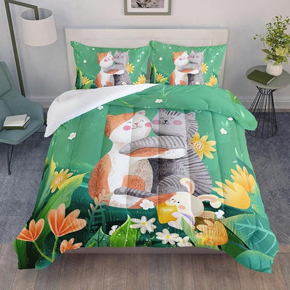 Datura home Cute Cat Kids Comforter Bedding Set for Boys Girls, Watercolor Cat Forest Rabbit and Flower Print Comforter with 2 Pillowcases(Cute Cat Twin)
