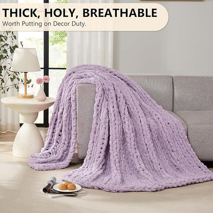L'AGRATY Chunky Knit Blanket Throw: 80''x90'' Chenille Chunky Knitted Throw Blanket for Bed Couch - Handmade Thick Big Cable Knit Blanket - Large Chunky Crochet Rope Blanket for Home Decor(Purple)