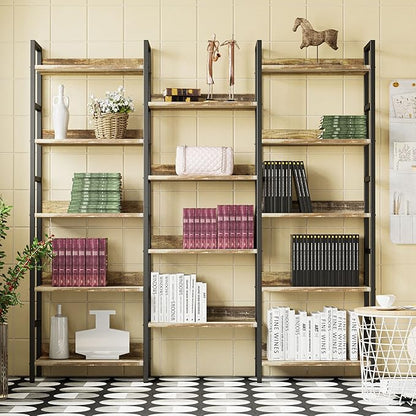 IRONCK Bookcases and Bookshelves Triple Wide 5 Tiers Industrial Bookshelf with Baffles Large Etagere Bookshelf with Metal Frame for Living Room Home Office