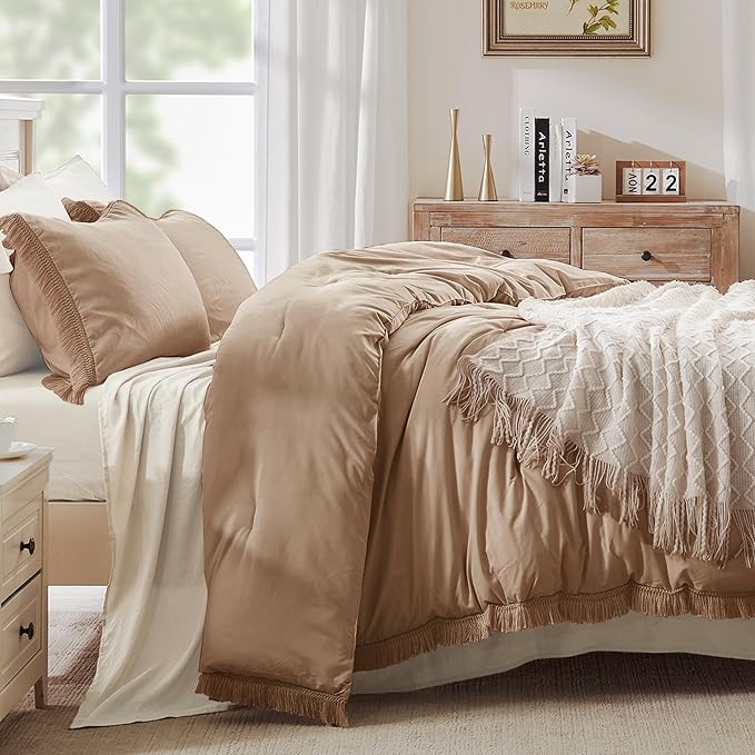 Andency Taupe Comforter Set Full Size, 3 Pieces Boho Tassel Lightweight Bedding Comforter Sets, Tan All Season Soft Fluffy Fringe Bed Set (79x90In Comforter & 2 Pillowcases)