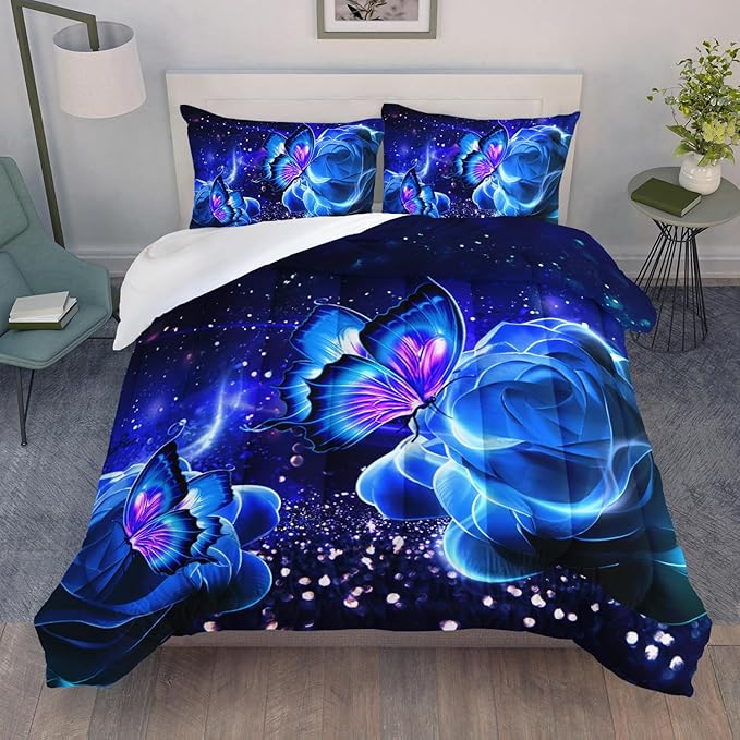 Galaxy Butterfly Comforter Set Full Size for Girls Kids Adults Butterfly Rose Bedding Set Aesthetics Butterflies Quilt Bed Set with 1 Comforter and 2 Pillowcases
