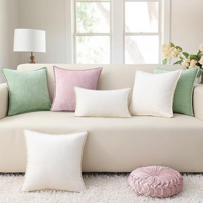decorUhome Chenille Soft Throw Pillow Covers 22x22 Set of 2, Farmhouse Velvet Neutral Decorative Euro Pillow Covers with Stitched Edge for Couch Sofa Bed Home Decor, Cream White