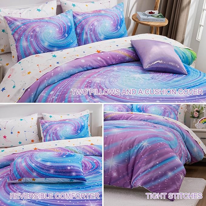 Btargot Super Soft 6 Pieces Gradient Star Ring Comforter Set, Colorful Glitter Rainbow Star Pattern Bedding Set for Boys Girls Teens, Queen Purple