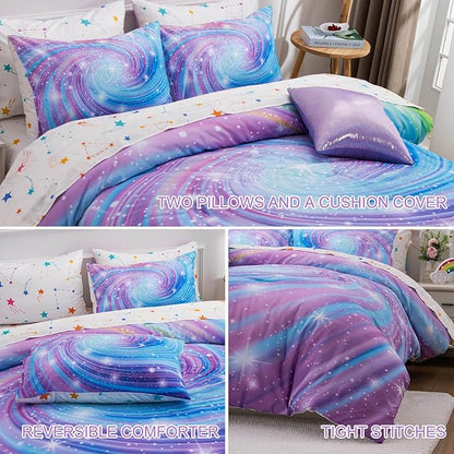 Btargot Super Soft 6 Pieces Gradient Star Ring Comforter Set, Colorful Glitter Rainbow Star Pattern Bedding Set for Boys Girls Teens, Queen Purple
