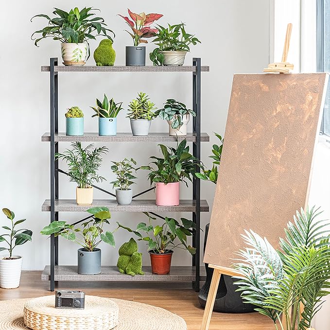 HCHQHS Bookshelf, 4-Tier Industrial Bookcase, Rustic Open Book Shelf, Freestanding Tall Bookshelves with Metal Frame
