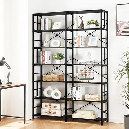 HOMISSUE Tall Bookshelf, 84" Bookshelves and Bookcases Double Wide 7-Tier Bookshelf, Tall Bookcase Wood Style and Metal Open Display Shelves for Living Room Home Office