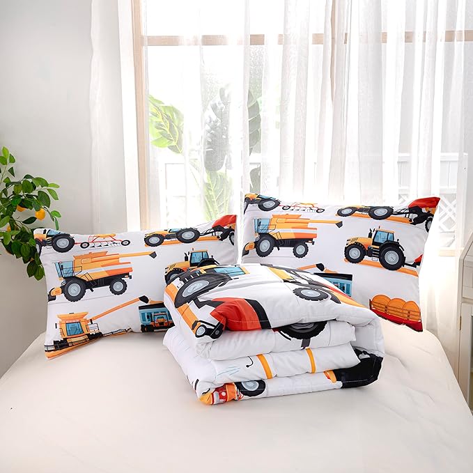 CVHOUSE Tractor Bedding Sets for Boys,Excavators Comforter Queen,Boys Cartoon Truck Comforter Set,Trucks Tractors Cars Quilt Set with 1 Comforter and 2 Pillow Cases- 3 Piece
