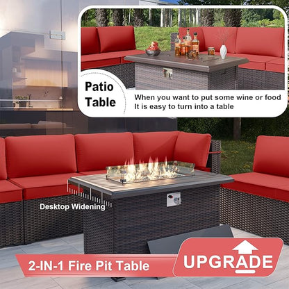 Patio Furniture Set with Fire Pit Table 13 PCS Outdoor Sectional Furniture Outdoor Rattan Patio Conversation Sets with 43in 55,000 BTU Propane Gas Fire Pit Table Glass Table, Red
