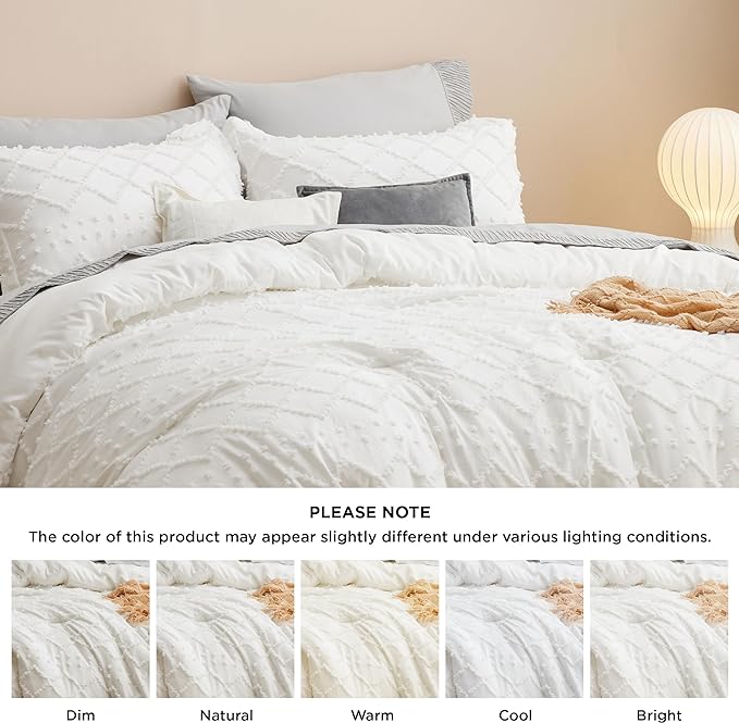 Bedsure Full Size Comforter Set - Ivory Comforter, Boho Tufted Shabby Chic Bedding Comforter Set, 3 Pieces Vintage Farmhouse Bed Set for All Seasons, Fluffy Soft Bedding Set with 2 Pillow Shams