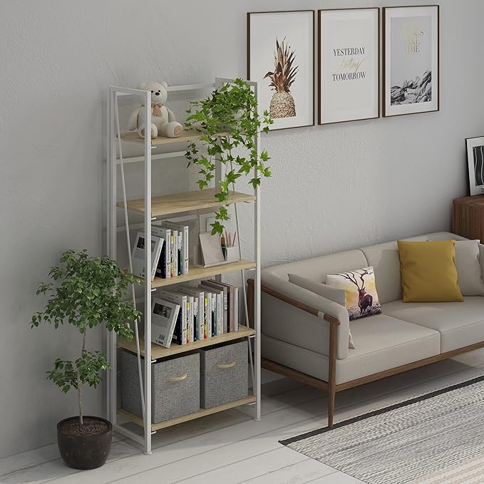 4NM No-Assembly Folding Bookshelf Storage Shelves 5 Tiers Vintage Bookcase Standing Racks Study Organizer Home Office (Natural and White)