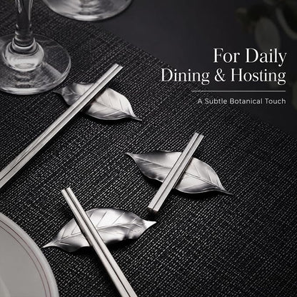 ChezMax Pack of 5 Zinc Alloy Chopsticks Spoon Forks Knives Tableware Rest Set, Leaves