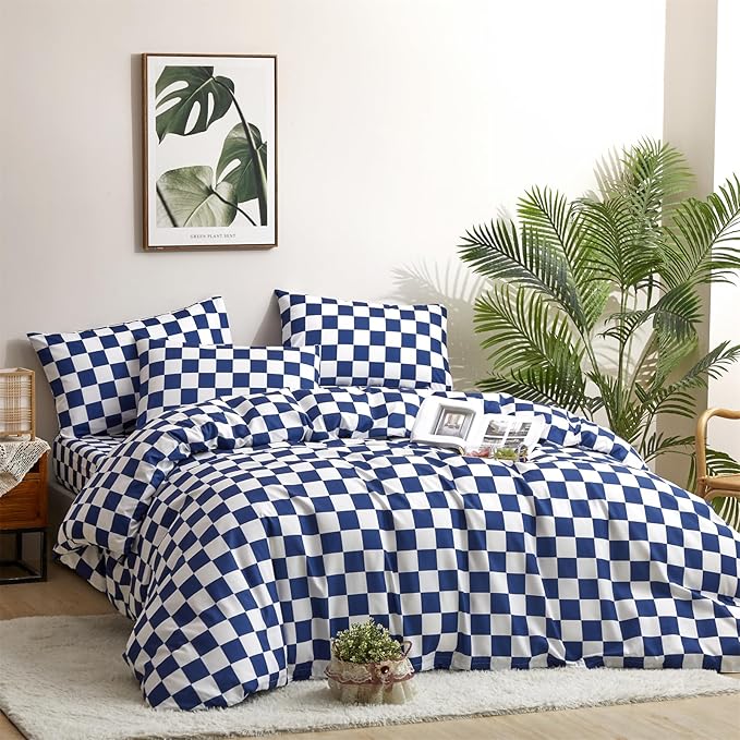 Wellboo Blue White Plaid Comforter Sets California King Diamond Royal Blue and White Checkerboard Grid Bedding Comforters Cal King Cotton Modern Jewelry Blue Checkered Geometric Quilts Sapphire Bed