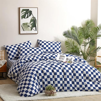 Wellboo Blue White Plaid Comforter Sets California King Diamond Royal Blue and White Checkerboard Grid Bedding Comforters Cal King Cotton Modern Jewelry Blue Checkered Geometric Quilts Sapphire Bed