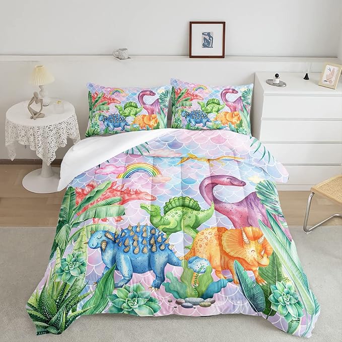 Datura home Kids Dinosaur Comforter Set for Girls Women,Cute Mermaid Scales and Rainbow Cloud Printed Pattern Kawaii Dinosaur Bedding Set with 2 Pillowcases(Dinosaur Rainbow Twin)